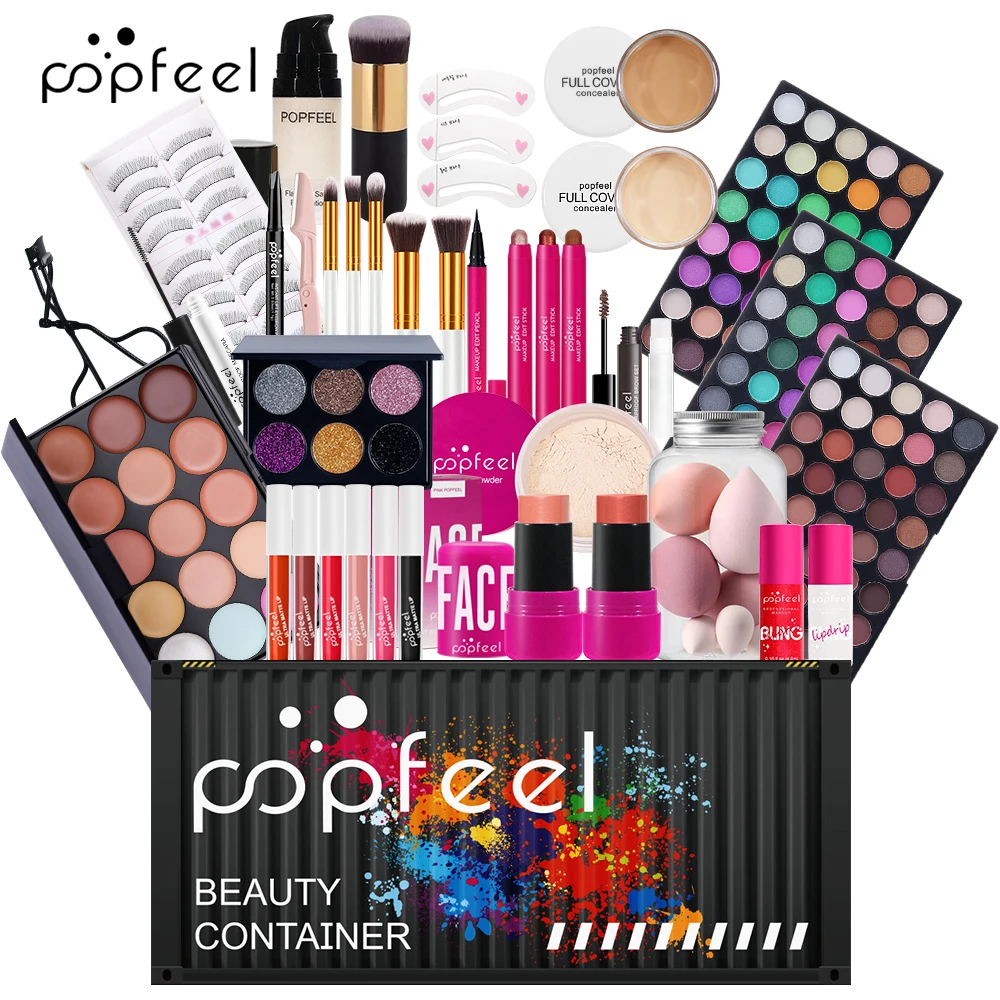POPFEEL サプライズ ビューティー アドベンチャー メイクアップ キット: プロ パレット、ブラシ、スキンケア エッセンシャル、フル カバレッジ、グリッター ギフト |   鮮やかな