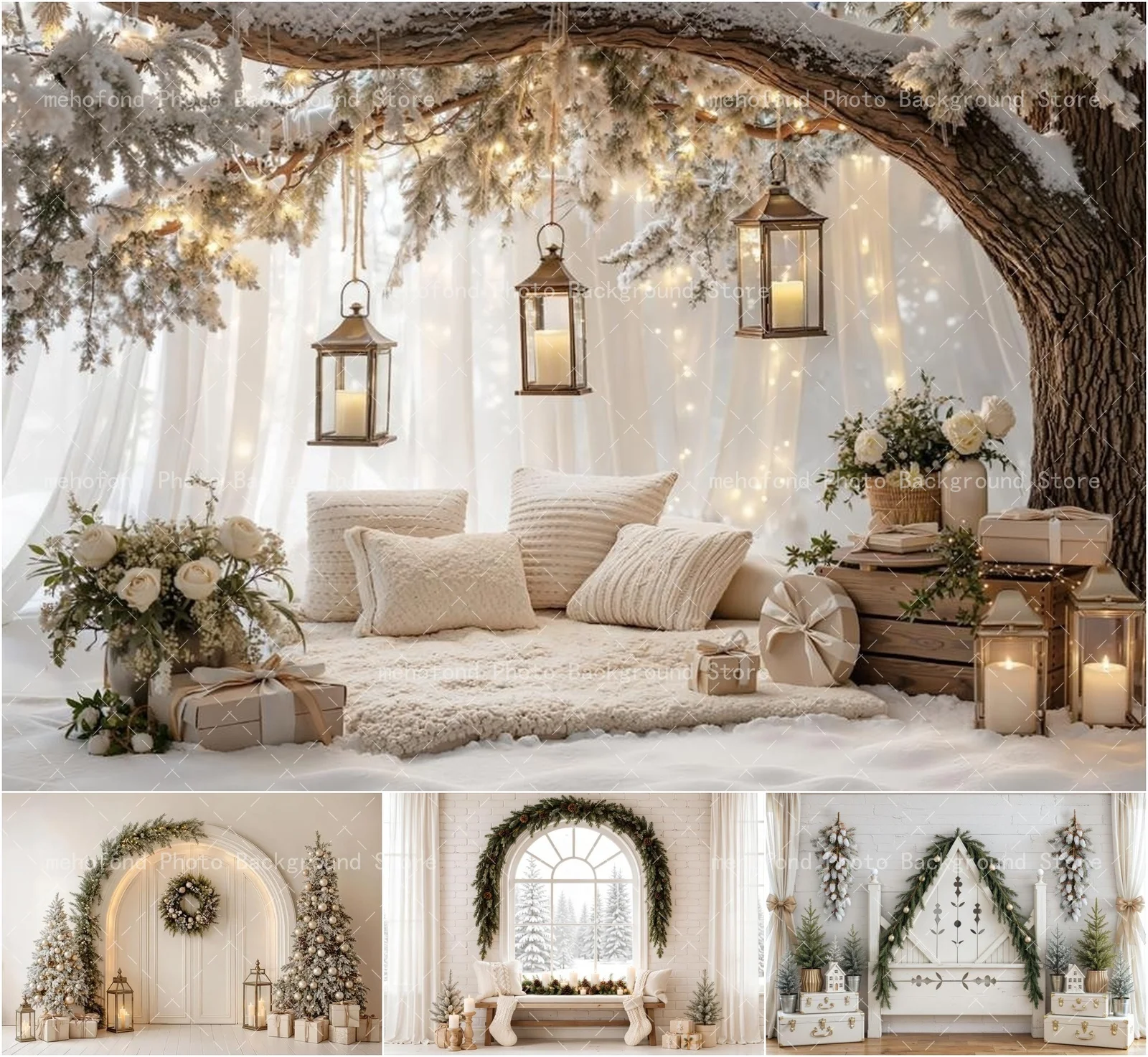 Mehofond Simple Christmas Photography Background Bohemian Xmas Tree Lamp Gift Box Pillow Kid's Family Photo Portrait Decoration