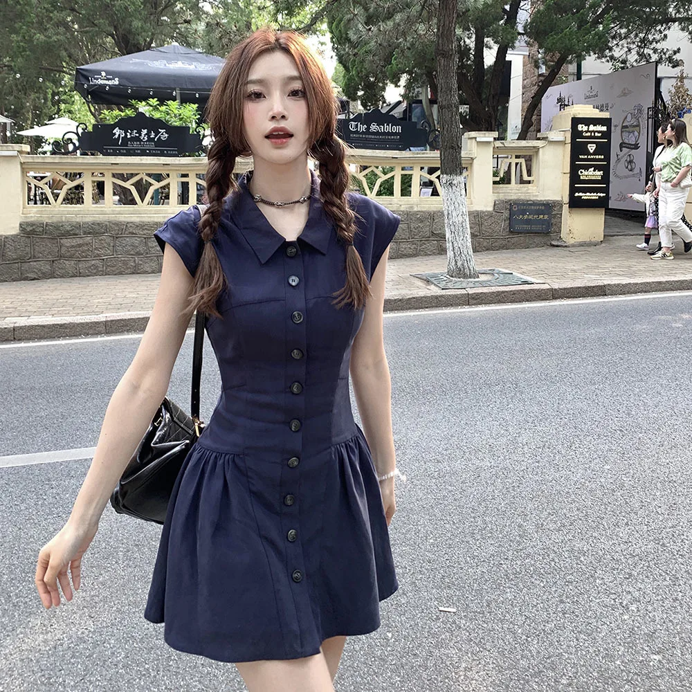 

Korean Style Elegant Ladies Vintage Office Dress 2023Summer Sleeveless Mini Pleats Dresses Female Casual Party Preppy Chic Dress