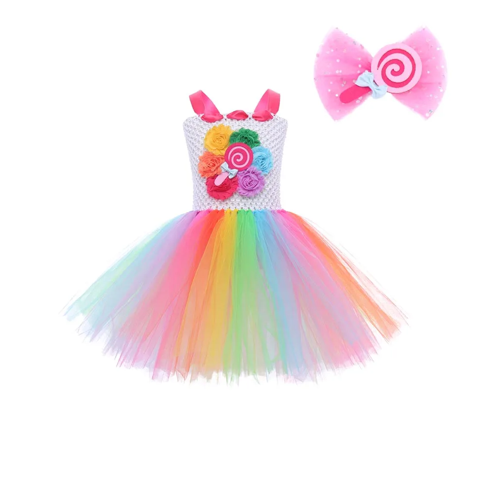 Girls Sweet Rainbow Candy Land Tutu Dress Halloween Party Baby Birthday Kids Flowers Lollipop Summer Dress Princess Tulle Gown