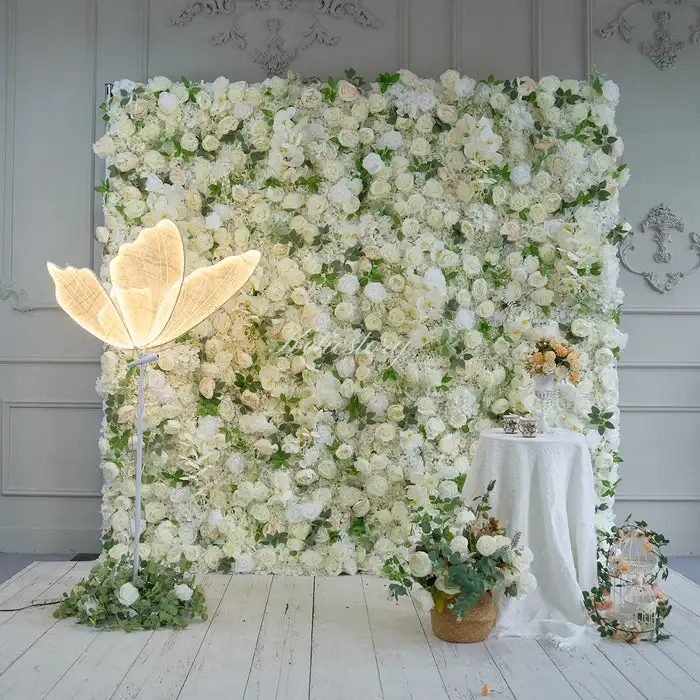 White rose with green leaves 3D Cloth Flower Wall Wedding Backdrop Fabric Floral Green Plant Wall Display Event Party Props