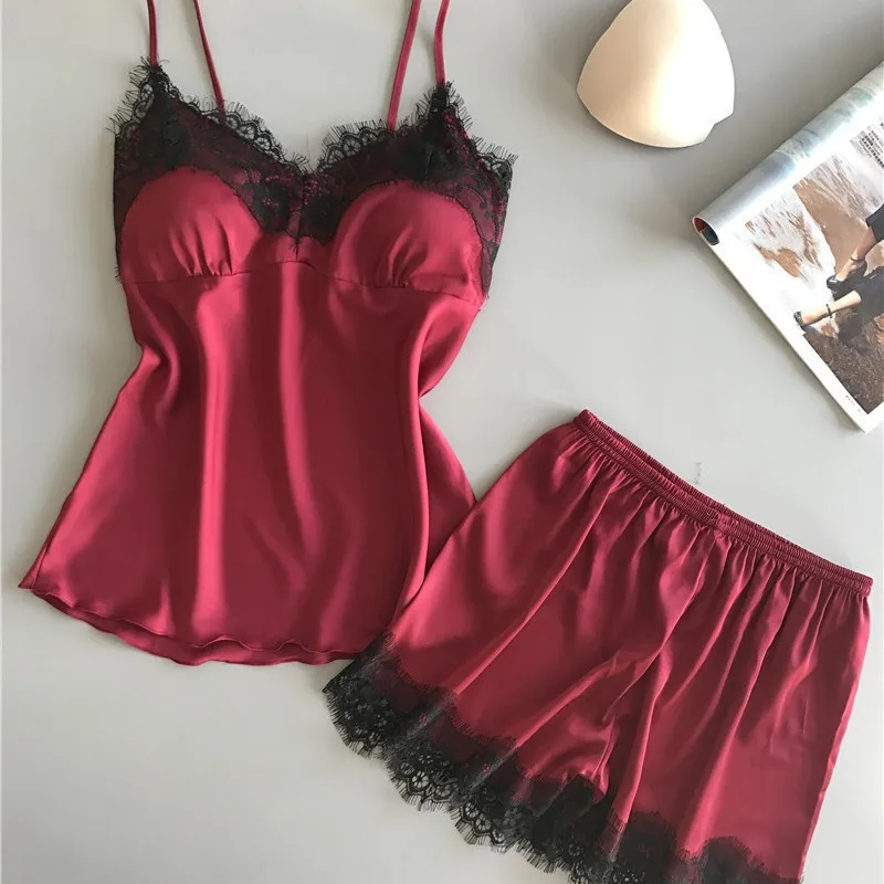 2024 new Women\'s Sleep Pajama Sets Lounge camisole pajamas summer sexy two-piece set silk shorts gathered thin home Underwear