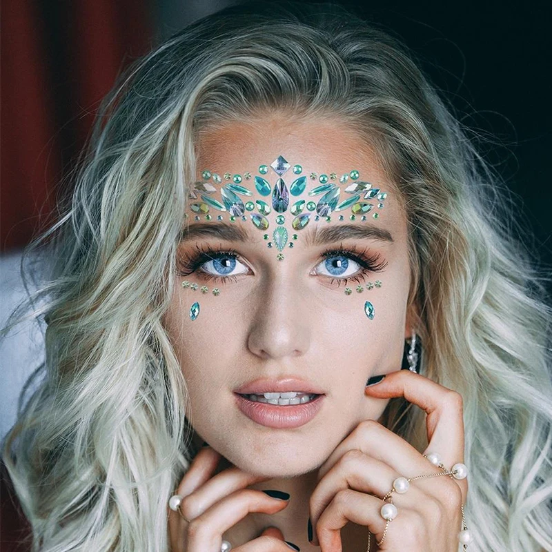 3D Sexy Face Tattoo Sticker Temporary Tattoos Glitter Green Rhinestones Fake Tattoo Women Festival Party Face Body Jewels Tattoo