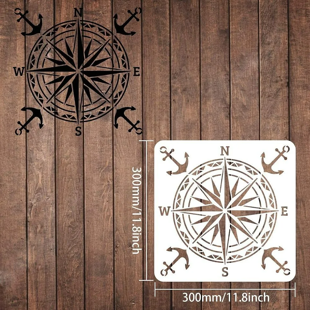 Compass Stencils Template 30x30cm Plastic Compass Drawing Painting Stencils Compass Anchor Pattern Reusable Stencils