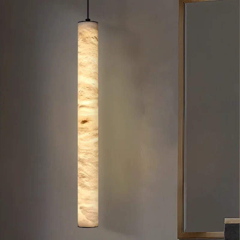 

Marble and Alabaster Chandelier with White Long Tube Shade Ceiling Light Fixture for Dining Living Room Bedroom Bathroom
