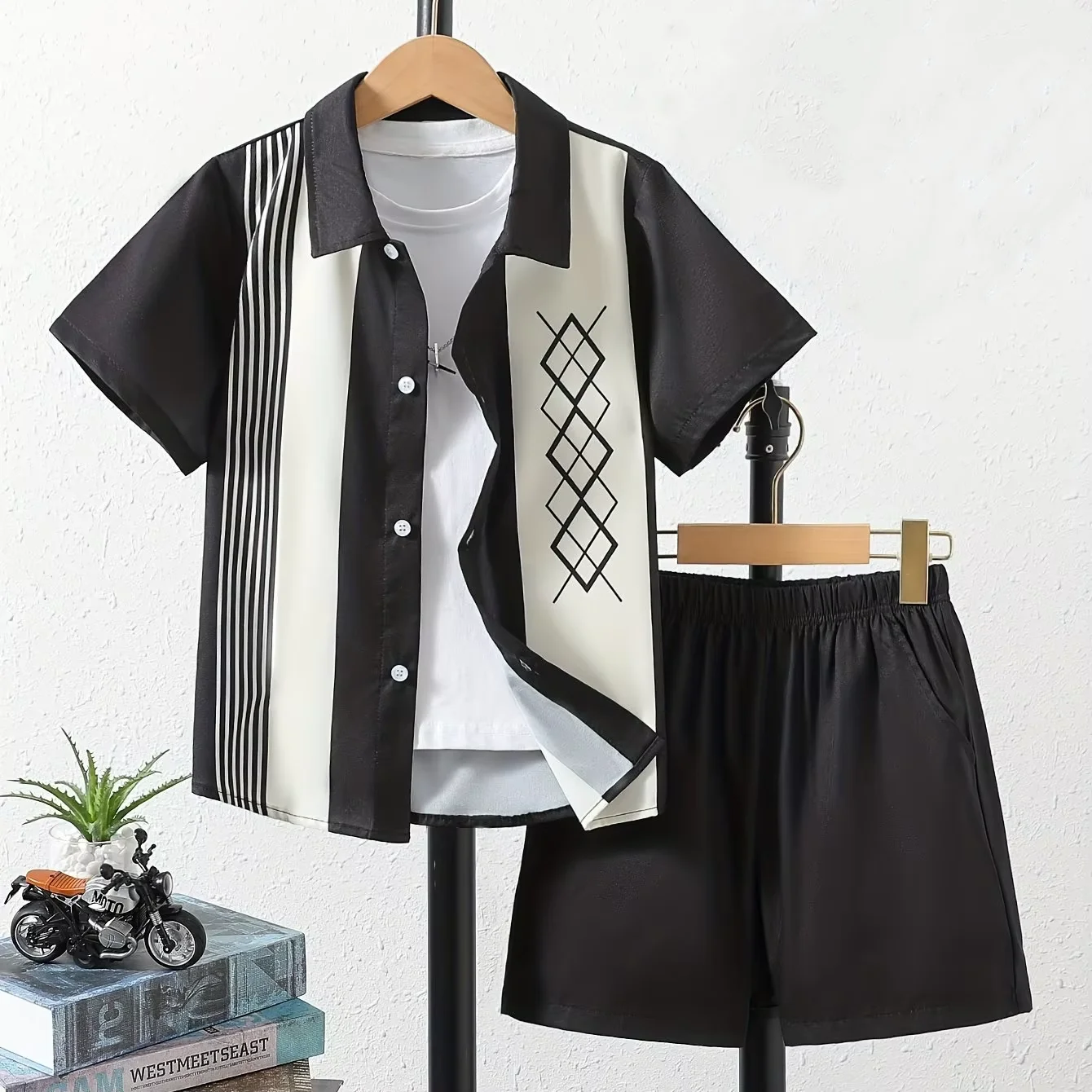 เสื้อเด็กชุด 3d พิมพ์ลายสก๊อต Splice ลายแขนสั้นเสื้อลําลองกางเกงขาสั้นชายหาดฤดูร้อน Streetwear ชายชุดฮาวาย