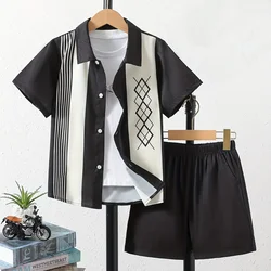 Kids Shirt Sets 3d Print Plaid Splice Stripes Lapel Short Sleeve Casual Shirt Beach Shorts Summer Streetwear Boys Hawaiian Suits