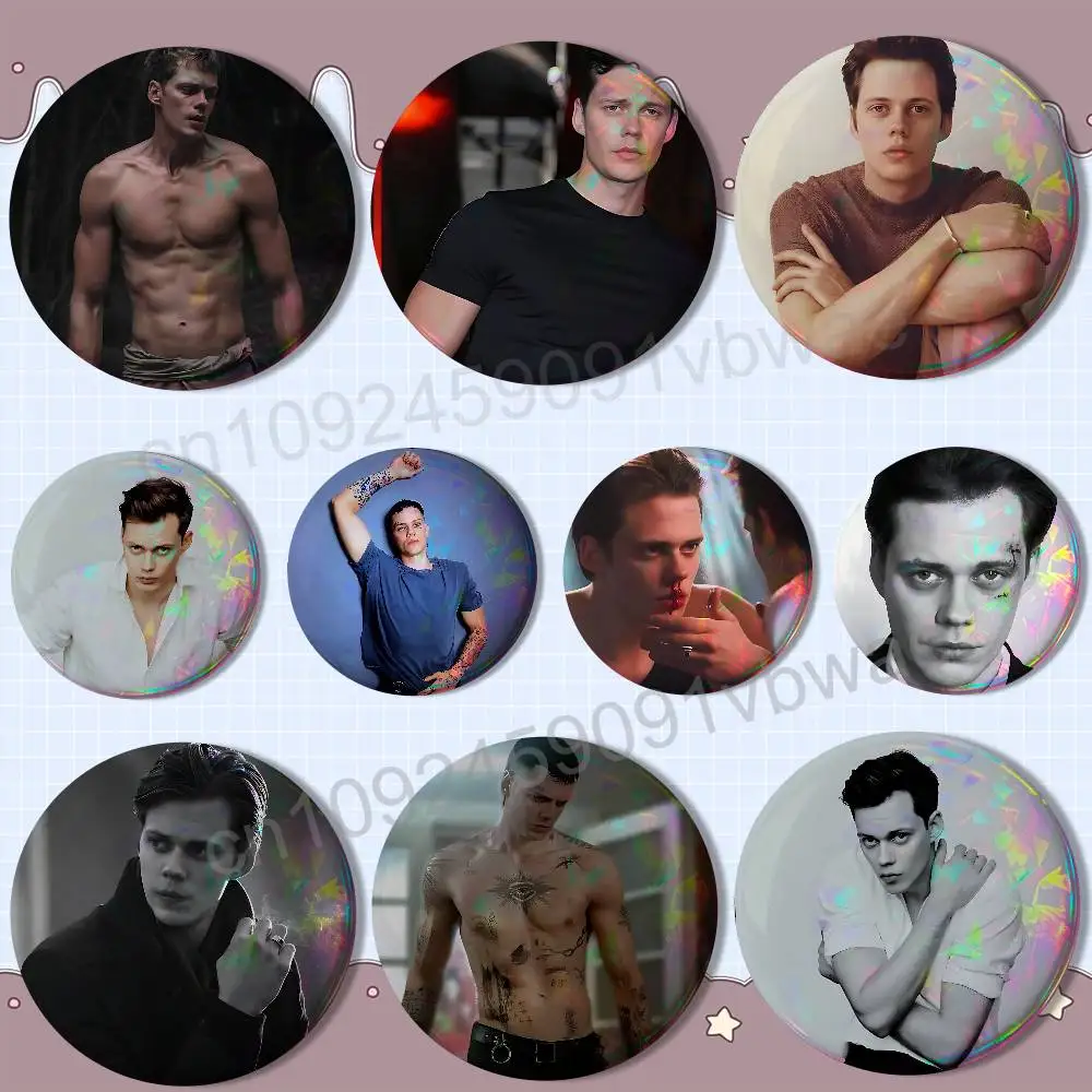 Muscle cool Bill Skarsgard Reflective Pin Tinplate Round Brooch Cartoon Cosplay Badges for Bag Hat Toys Gifts