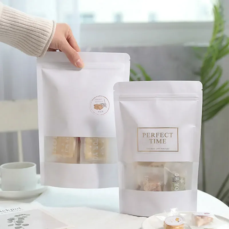 10/50pcs White Kraft Paper Bags With Window Stand Up Zip Lock Chocolate Candy Biscuits Food Gift Packaging Moisture-proof Pouch