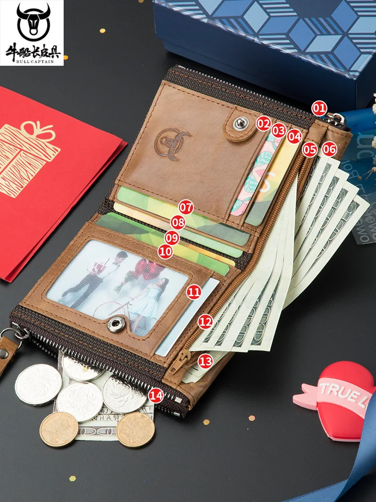 Retro Style Genuine Leather men's zipper wallet vertical casual short photo album driver's license cowhide change wallet