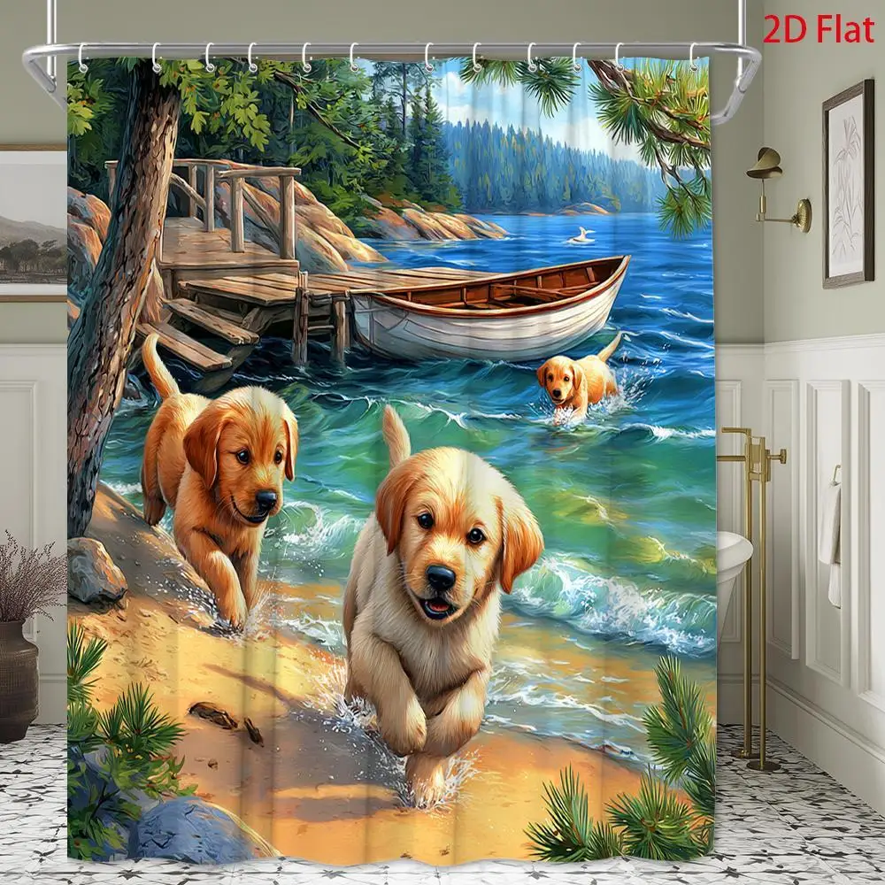 Golden Retriever Puppy Beach Dog Shower Curtain Waterproof Bathroom Curtain Decor Pet Lover Coastal Tropical Shower Curtain Gift