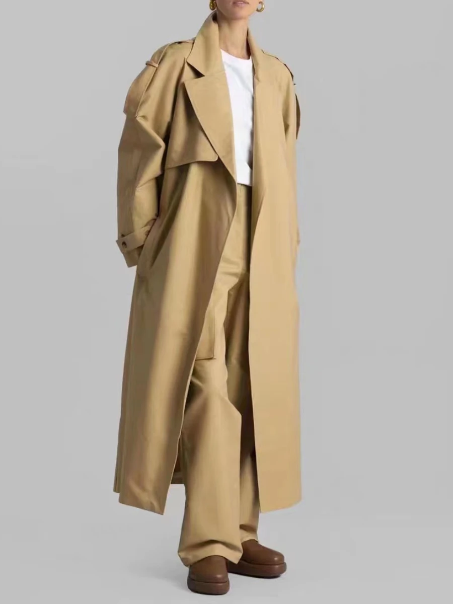 TWOTWINSTYLE Solid Loose Spliced Lace Up Trench for Women Lapel Long Sleeves Patchwork Pockets Fashion Coat Female Clothing New