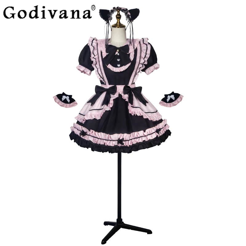 和風ブラックピンクガールズドレスバックボウデザインロリータメイドコスドレス女性用キュートキャットフルセットアニメコスプレドレス
