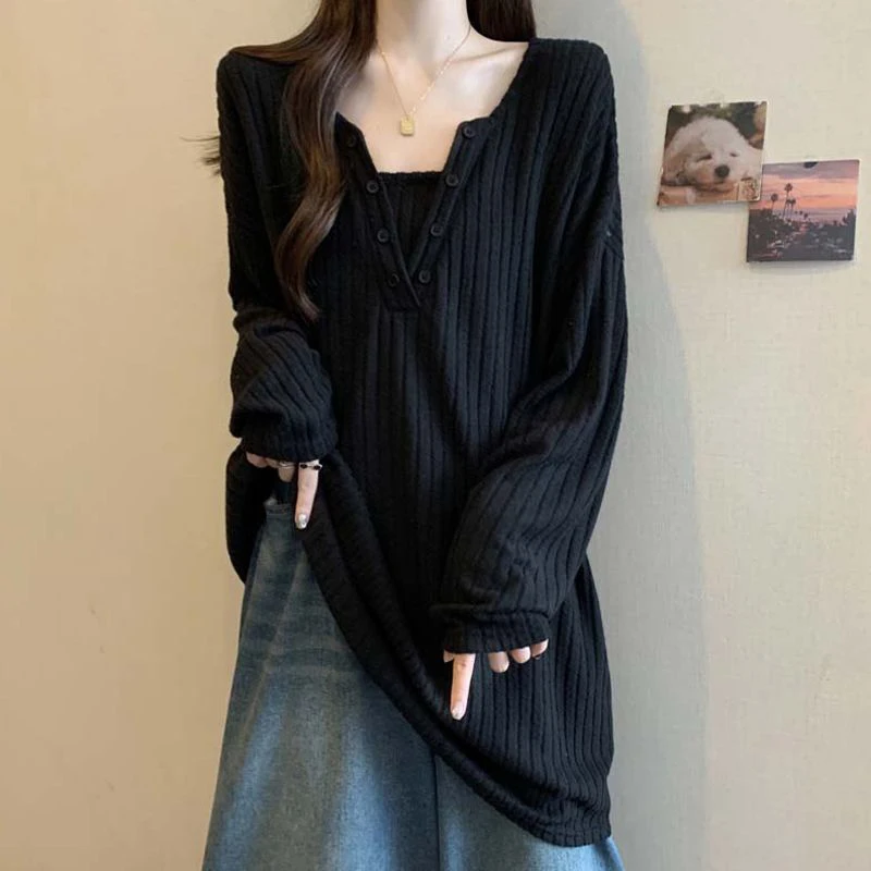 Women Plus Size Henley V-neck Ribbed Knit Long Sleeve Tunic Tee Fall Winter Loose Mid-Length Hide Belly Casual Oversized Top