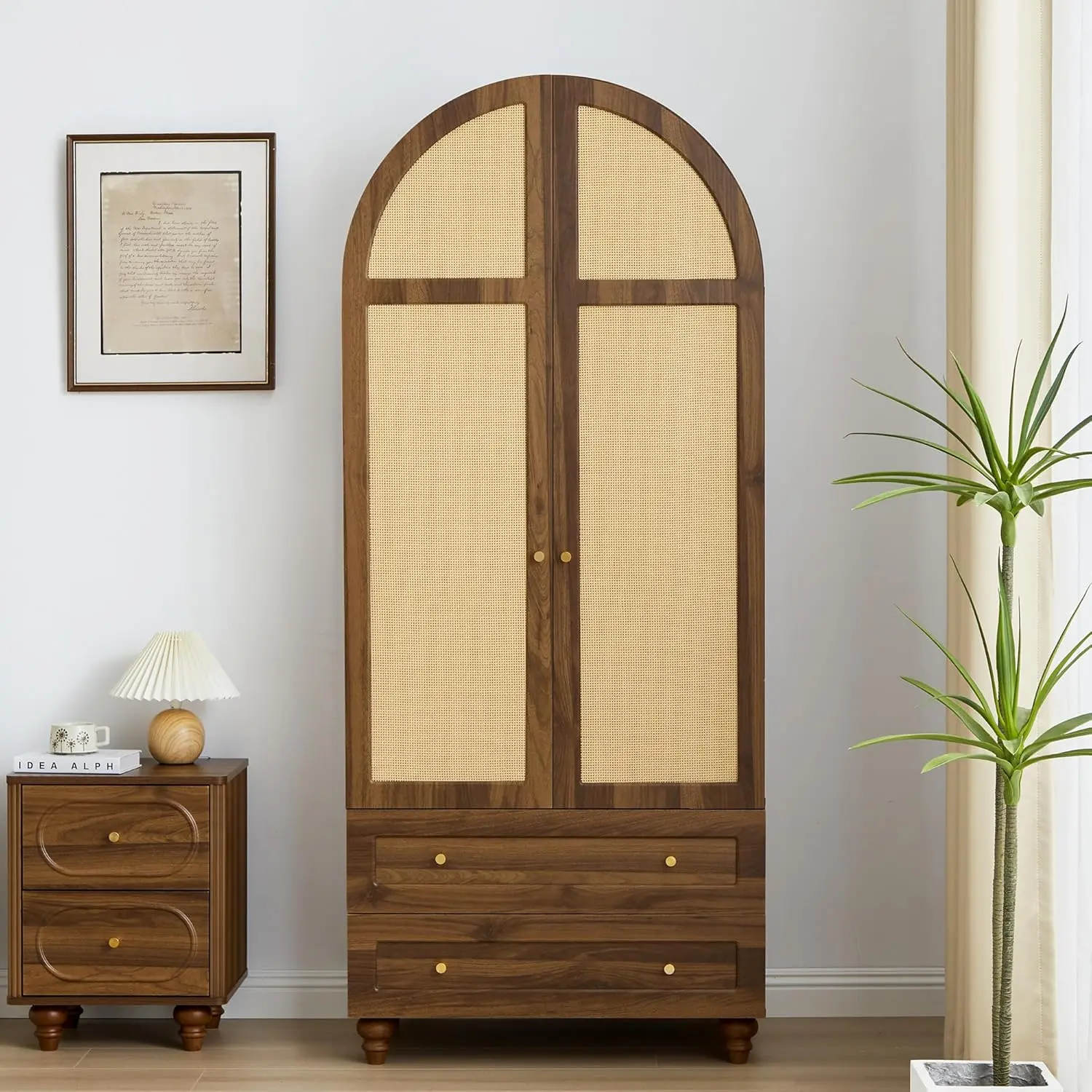 Arched Armoire Wardrobe Closet with 2 Rattan Doors, Wooden Wardrobe Closet with 2 Drawers, Bedroom Armoires with Hanging Rod (Wa