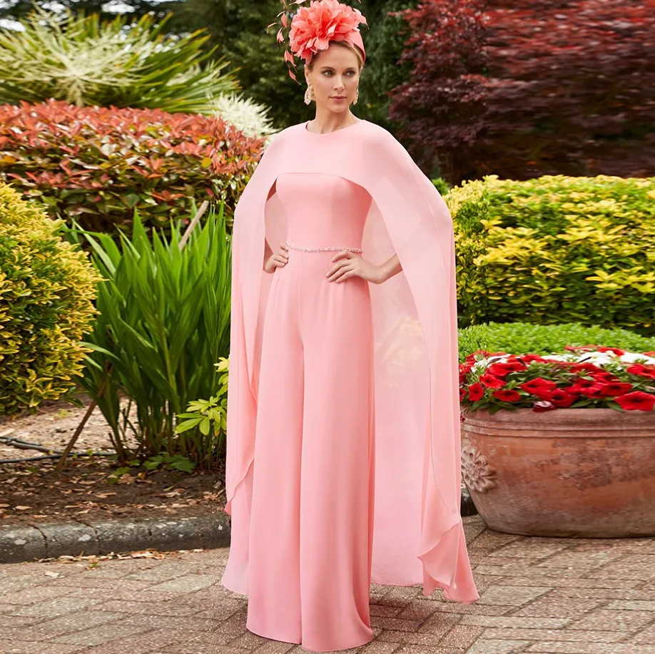 

Moden Pink A-line Evening Jumpsuit Dresses With Shawl O-neck Beads Sash Chiffon Formal Prom Gowns Vestidos Longo Robe De Soiree