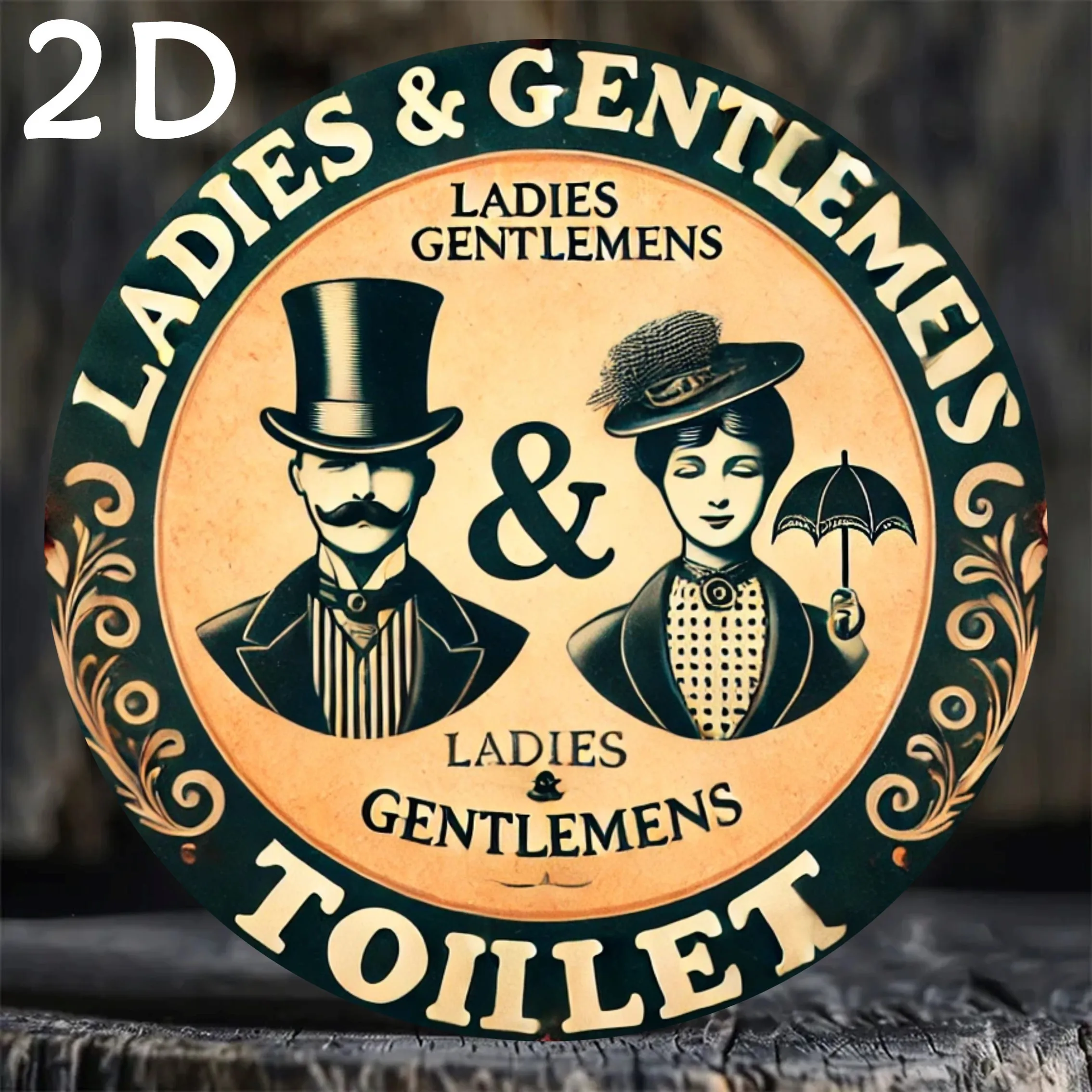 2D flach, 1 Stück Vintage-Toilettenschild aus Aluminium „Damen und Herren“ – 7,8 x 7,8 Zoll runde Wanddekoration mit verziertem Rahmen und Regenschirm-Illu