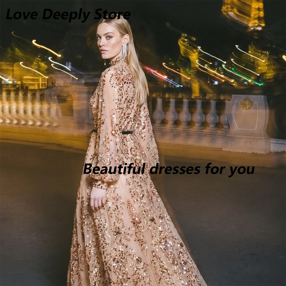 Customized Champagne Tulle Mother Of The Bride Gown High Neck Long Puff Sleeve Sequin Belt A Line Wedding Guest Maxi Dress