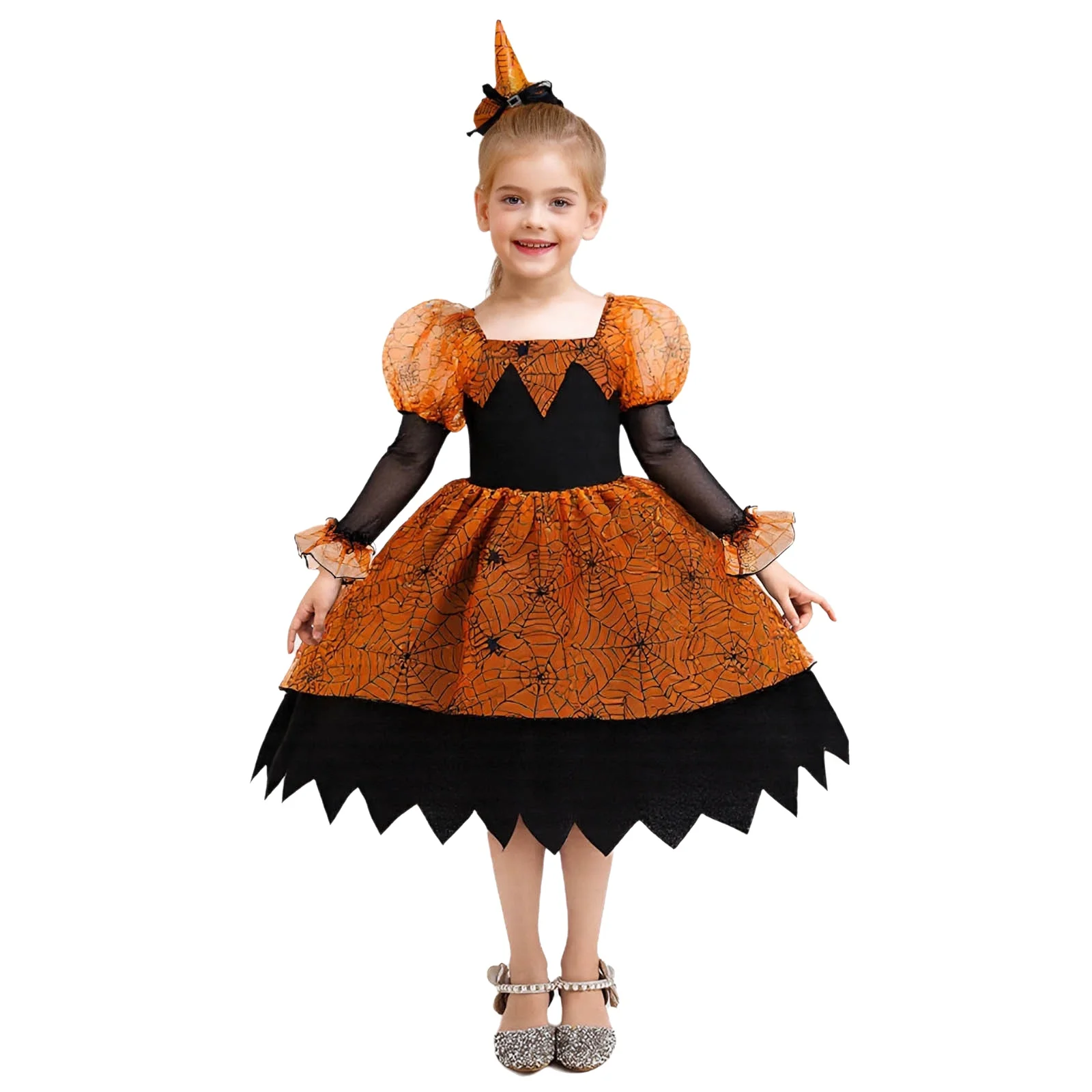 

Girls Halloween Spider Witch Cosplay Costume Spider Web Print Sheer Mesh Long Sleeve Dress Carnival Theme Party Fancy Ball Gown