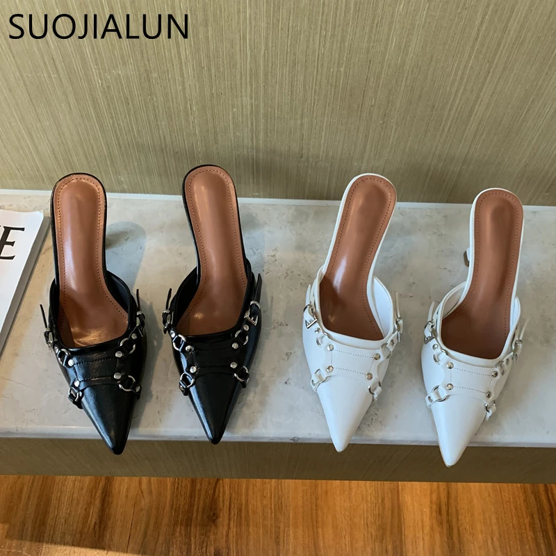 SUOJIALUN 2023 Spring New Brand Women Slipper Fashion Thin High Heel Pointed Toe Women Sandal Shoes Outdoor Dress Mules Shoes