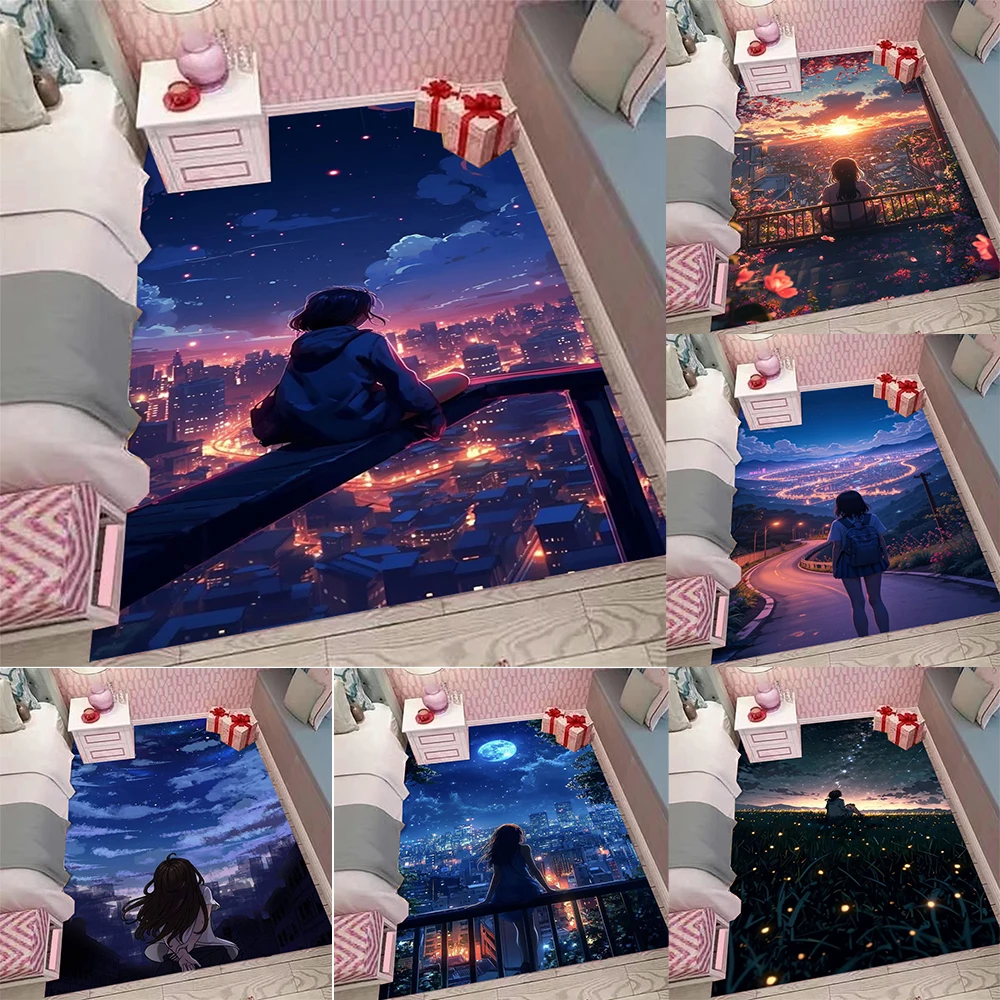 

Anime Style Night Scene Art Pattern Carpet Non Slip Soft Rug For Bedroom Kids Room Living Room Home Decor Anime Lovers Use