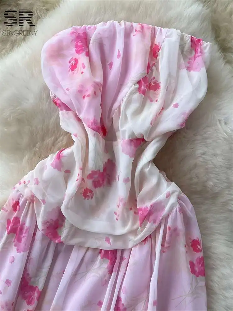 BabYoung Floral Vacation Chiffon Dress Sleeveless Strapless Zipper Design French Sundress Summer Beach Sexy Print Dresses