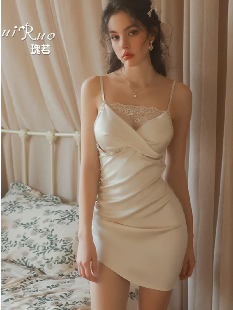 Nowa seksowna sukienka z koronkową siateczką, gładka, z odkrytymi plecami, głęboki dekolt V, na ramiączkach, bez rękawów, elegancka, urocza, w stylu czystej pożądania, casualowa HKEE