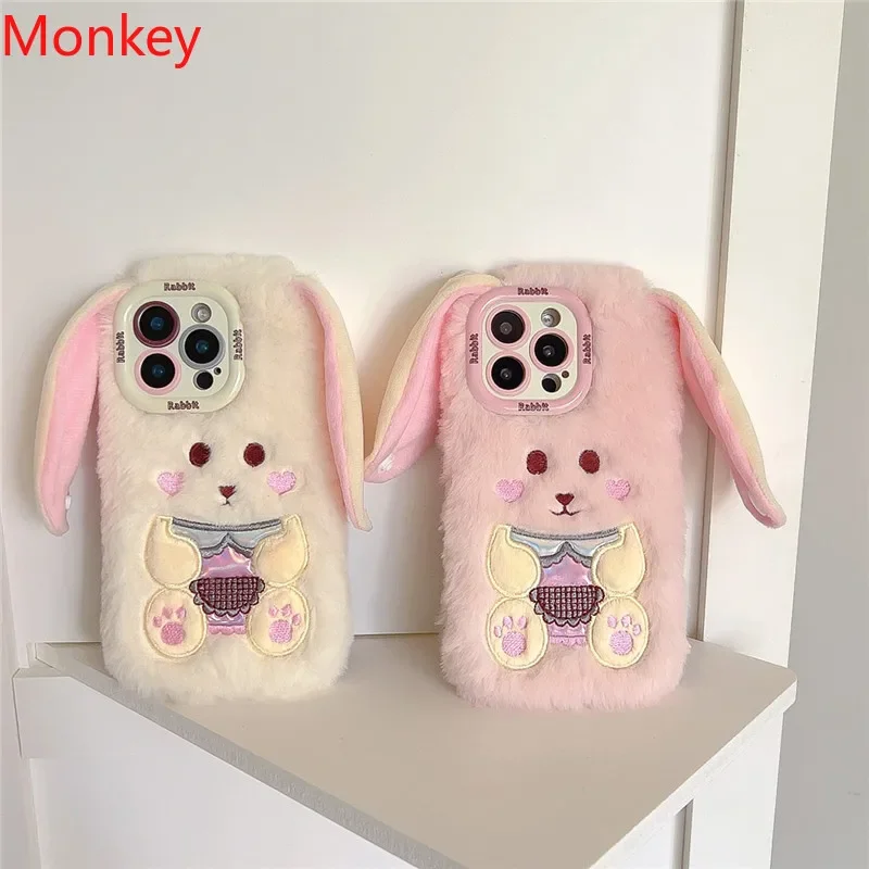 3D Cartoon Plush Phone Case For Apple iPhone 16 Pro Max Case 15 14Plus 13 12 11 Furry Rabbit Bunny Shockproof Silicone Fur Cover