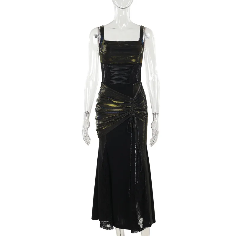 Black Gothic Long Dress Women Harajuku Style Bodycon Maxi With Lace Sheer Hem Ruched Waist Dark Alternative Fashion Party Outfit