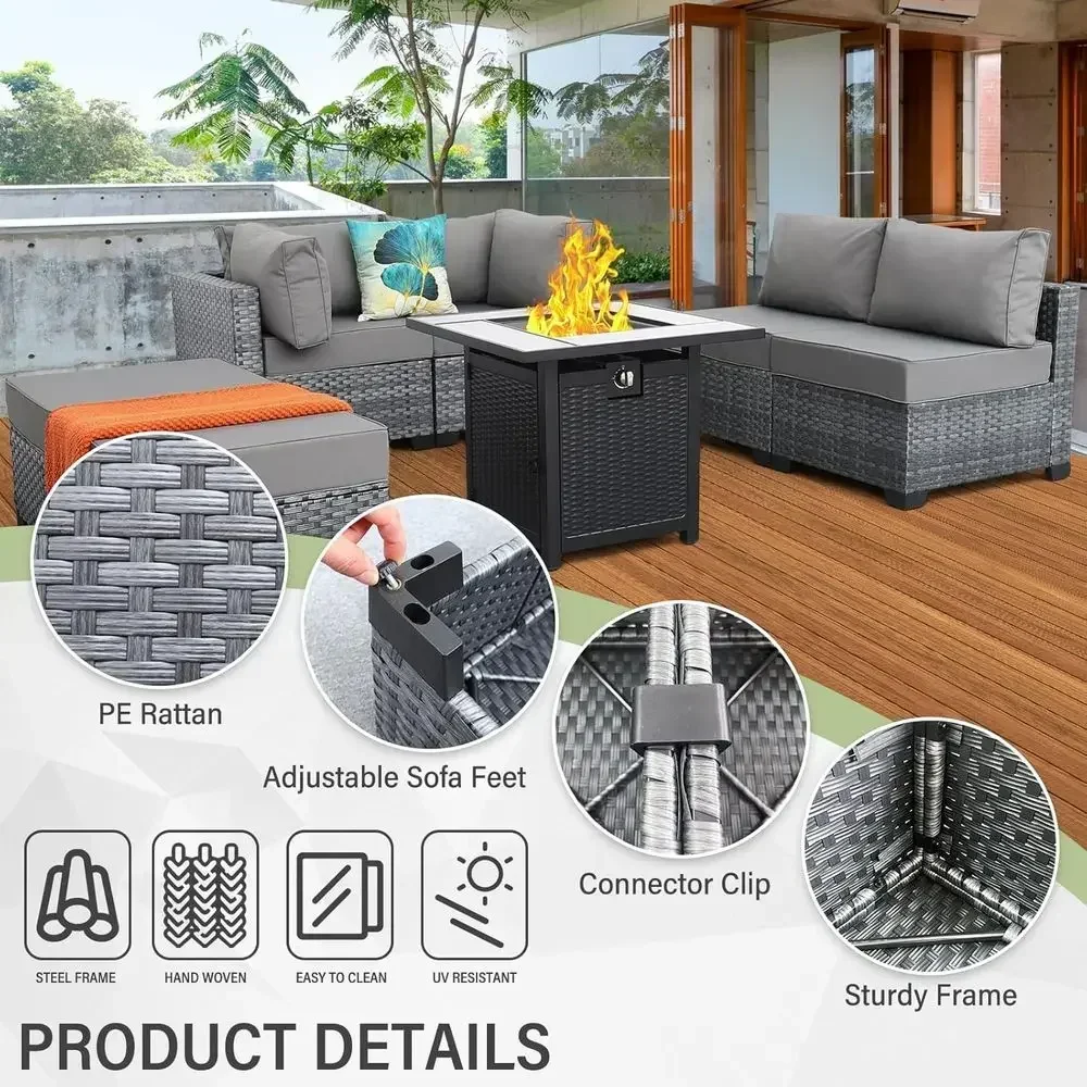 7-Piece Gray Rattan Outdoor Patio Sectional Sofa Set with Propane Fire Pit Table and Cushions