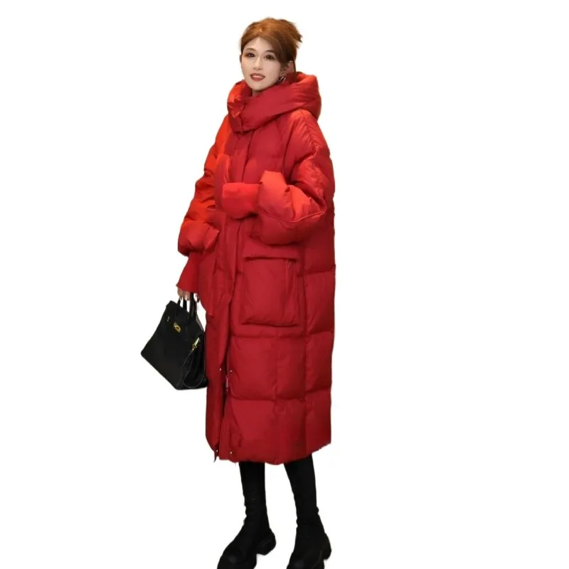 Winter Love Song Versatile Hooded Korean Version Thickened Over Knee Fashion Casual Anti-Season Down Jacket Thickened Down Coats