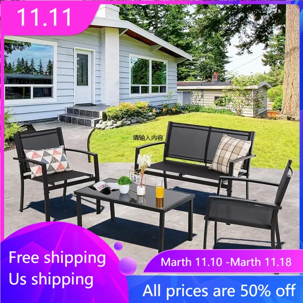 

Furniture Set All Weather Textile Fabric Outdoor Conversation Set Chairs Loveseat Garden With Glass Coffee Table Lawn