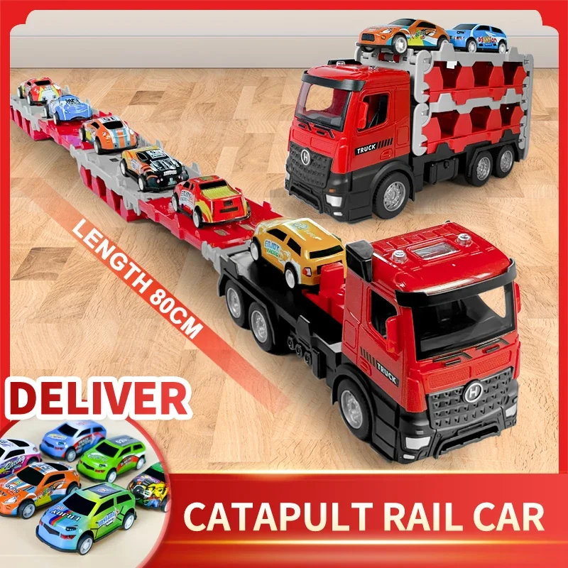 

Toy Car Ejection Folding Truck Container Deformation Transporter Trailer Track Racing Playset for Kid Children Gift Model Car