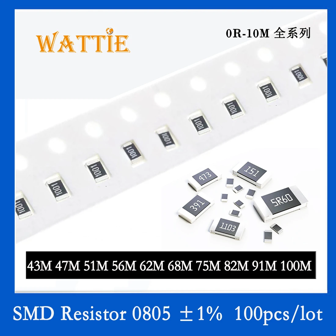 Resistor da microplaqueta de SMD 0805, 1%, 5%, 43M, 47M, 51M, 56M, 62M, 68M, 75M, 82M, 91M, 100M, 1 W, 10W, 2.0mm x 1.2mm, alta densidade, 100 PCs/Lot