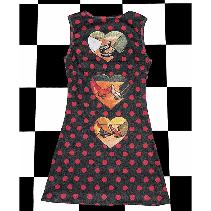 Emagrecimento bonito bolinhas coração impressão vestido feminino americano retro novo curto doce legal quente menina sem mangas colete vestidos senhoras