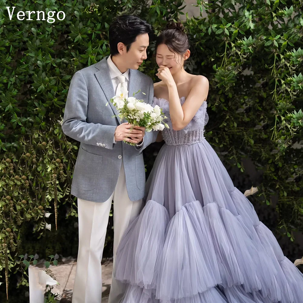 Verngo Gray Purple Tulle Wedding Dress Strapless A Line Maxi Bridal Gowns Korea Colorful Pleated Bride Dress Customized