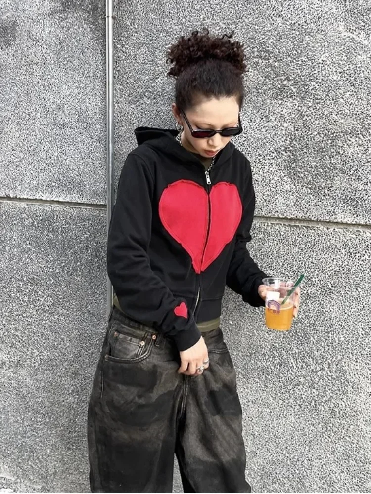 Deeptown Harajuku Style Zipper Cropped Hoodies Women Grunge Black Heart Embroidery Hooded Sweatshirts Vintage Streetwear Y2k Top