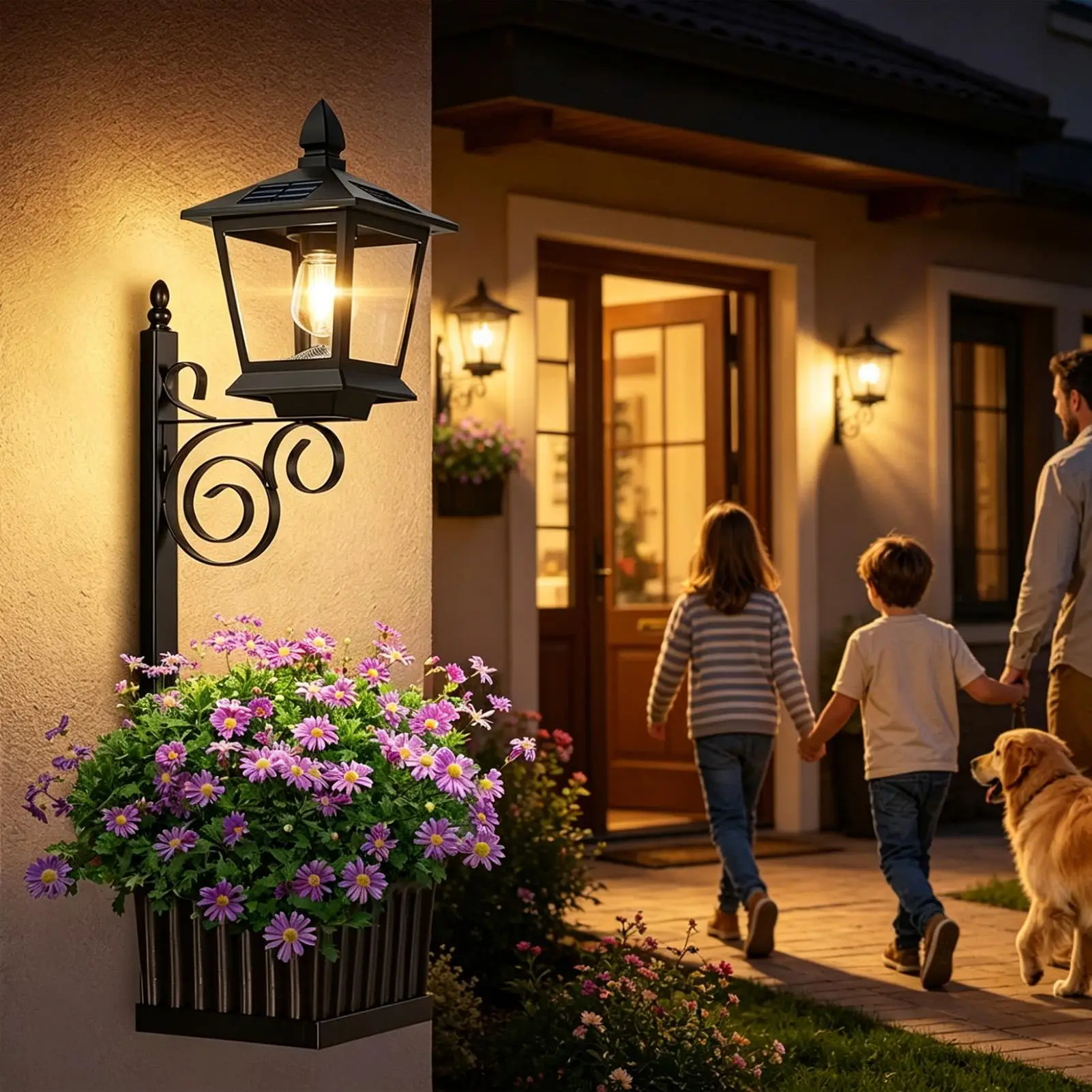 Waterproof Outdoor Solar Planter Light Vintage Porch lamp Auto On/off Sensor Front Porch Decor (No Flowers Included)