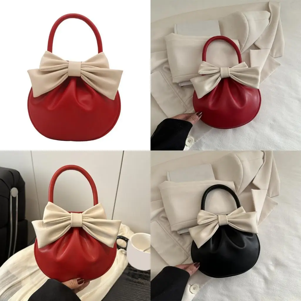 

X90D Trendy PU Round Evening Bag Top Handle Purse With Pleated Design and Bows Decors