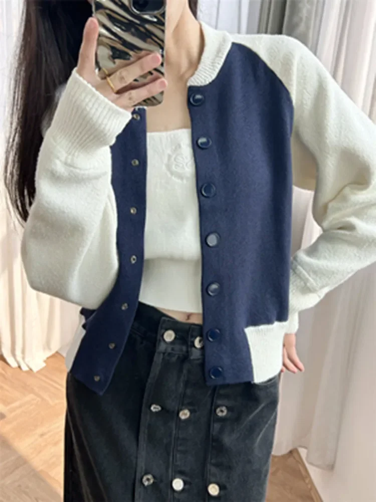 

Women Letter Embroidery Cardigan Color Patchwork Single Breasted Long Sleeve O-Neck Casual Spring 2024 Knitted Sweater