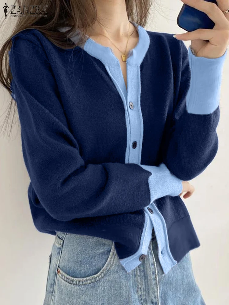 Women Colorblock Outwear ZANZEA Fashion V-neck Tops Vintage Long Sleeve Knitted Cardigan Korean Holiday Loose Kimonos Sweaters