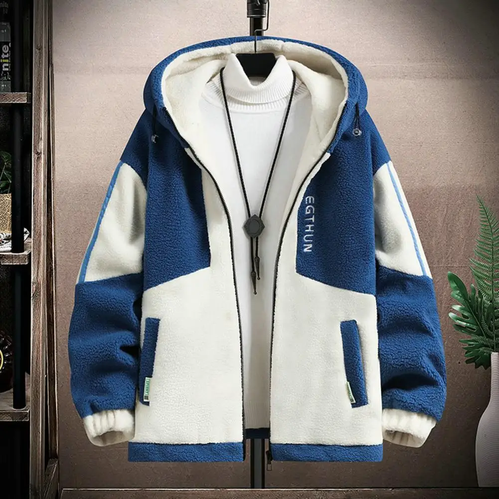 Men Polar Fleece Jacket Colorblock Hooded Men\'s Jacket with Plush Letter Decor Warm Long Sleeve Pockets Resistant Coat for Fall