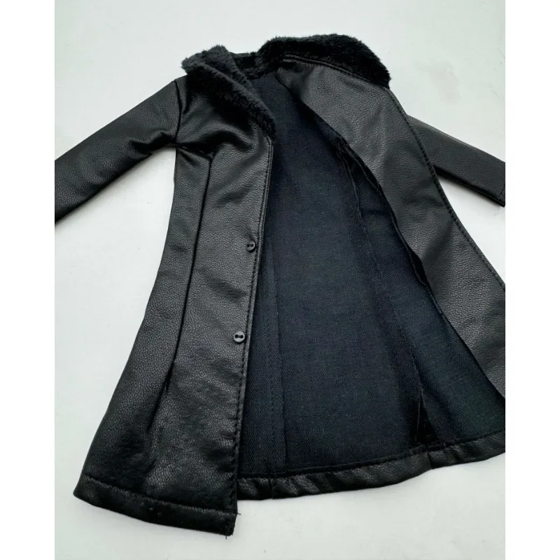 Black 1/6 Scale Male Pu Leather Windbreaker Long Coat Furry Collar Lapel Clothes Model for 12in Action Figue Accessory