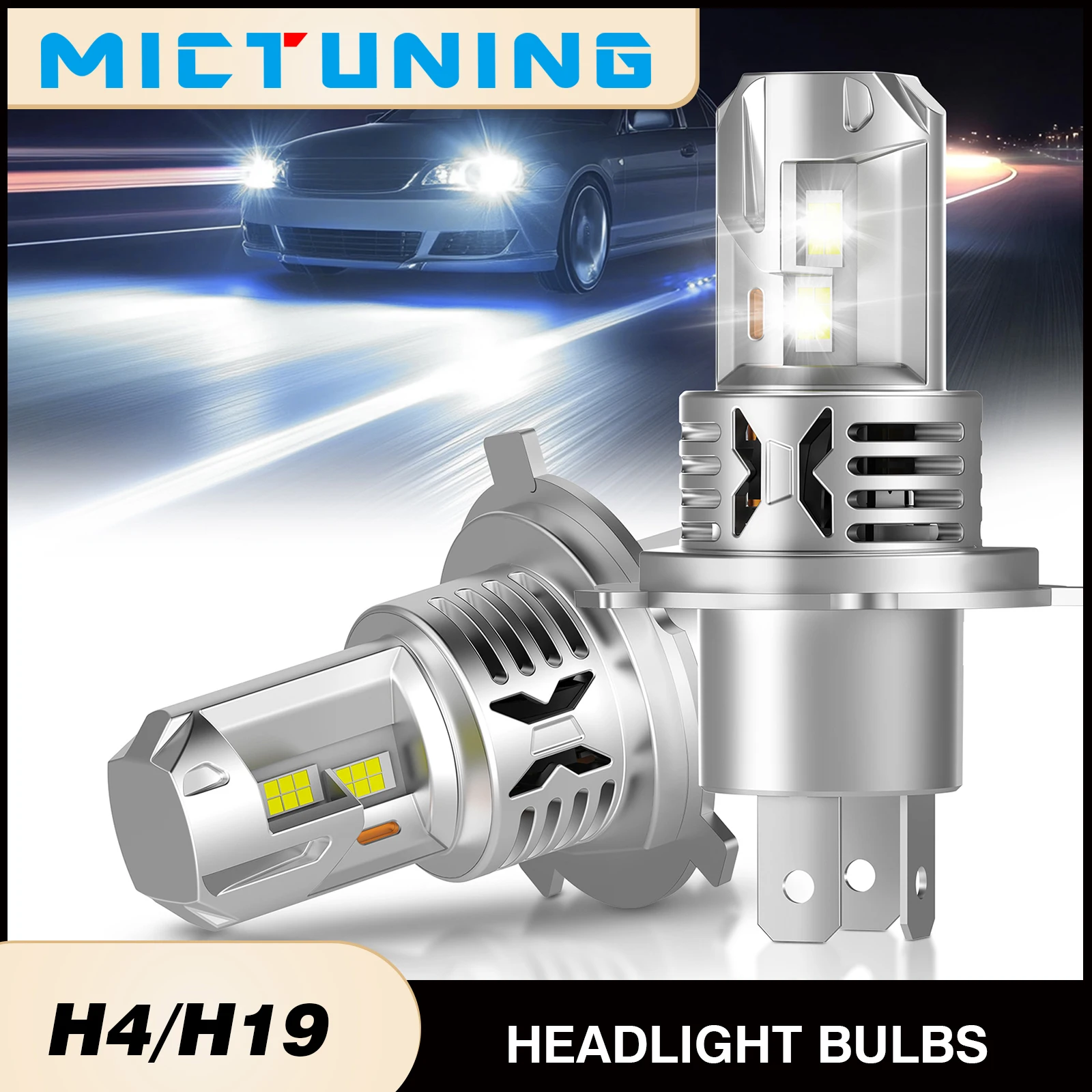 MICTUNING 2PCS H4/H19 LED Headlight Light Bulbs with Cooling Fan,Super Bright 8000LM 6000K White Light,Plug and Play Car Light
