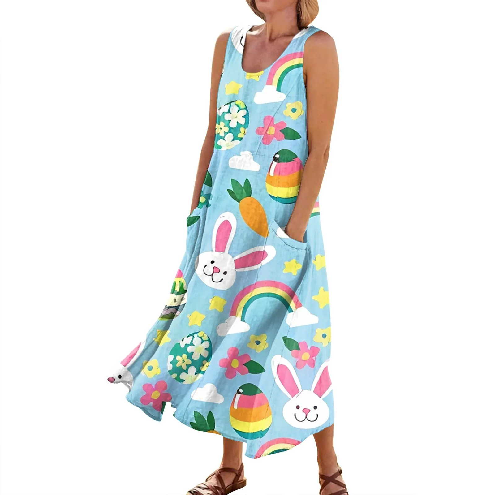 Dresses For Prom Elegant Easter Print Ankle-Length Dresses For Womens 2023 O-Neck Sleeveless Ladies Frocks فستان سهرة نسائي