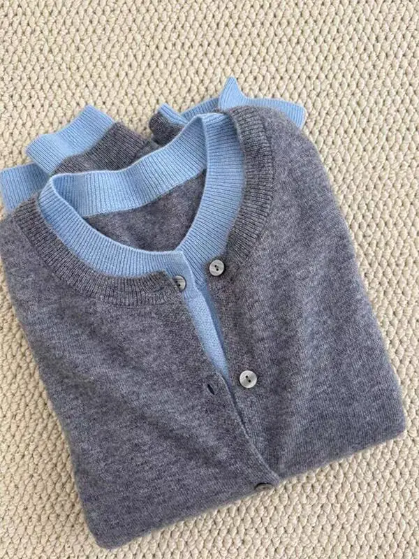 

Spring 2026 Women's Soft Loose Knitted Sweater Casual Style Long Sleeve round Neck Warm Fleeing Color Block Open Cardigan