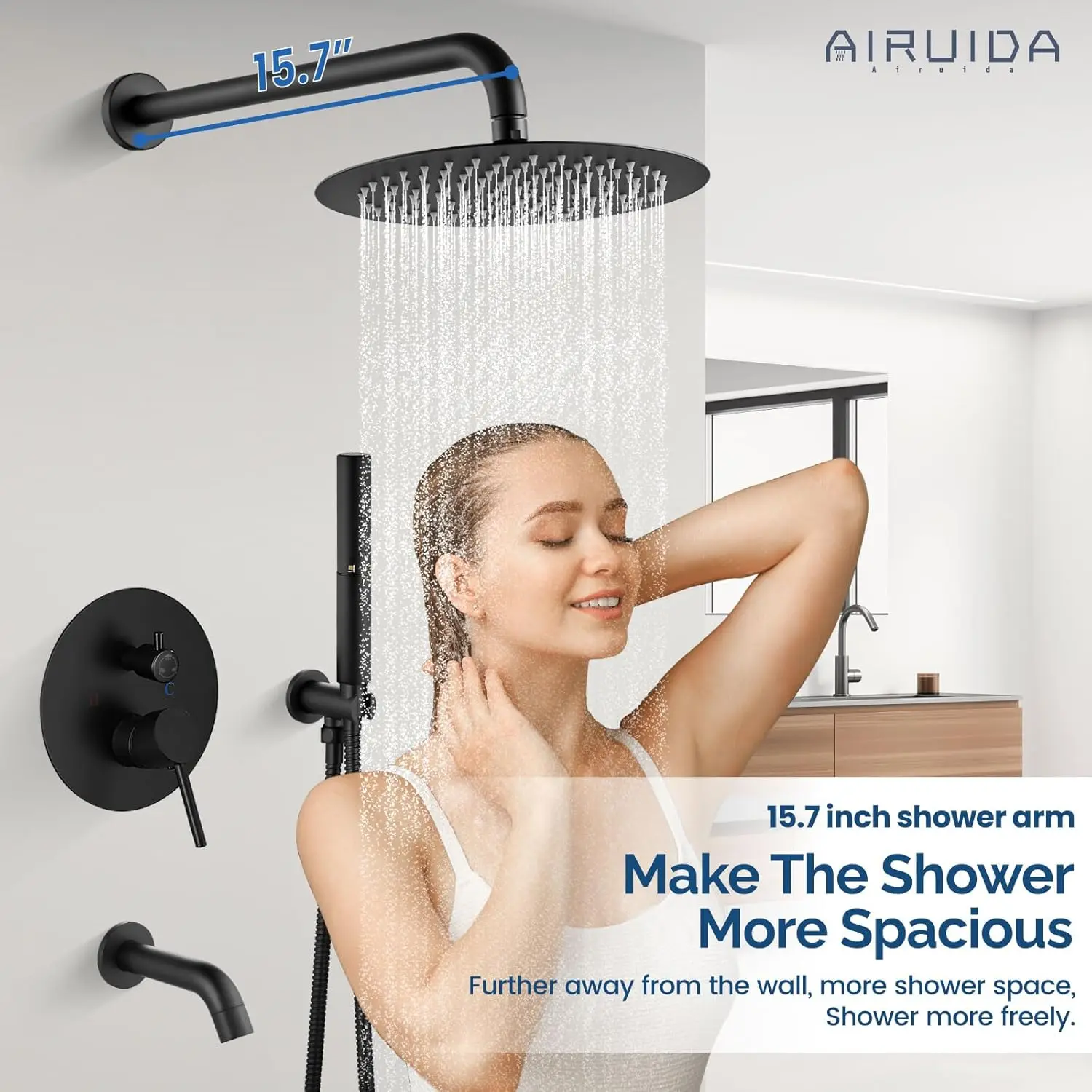 Round Shower System Set with Tub Spout,Wall Mount 3 Function Rain Shower Faucet Set,2 Functions Handheld Shower Tub Spout