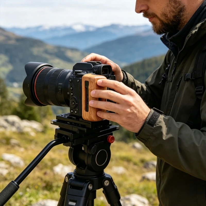 Wooden Side Handle Accessory for Camera Use with Warm Touch and Rounded Top Rest, Ergonomic Grip for Handheld Video Work Daily