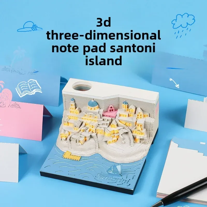 3D Memo Pad Santorini Beach Calendar Architecture Note Book with Light Creative Gift Paper Carving Note Paper Model Gift Box