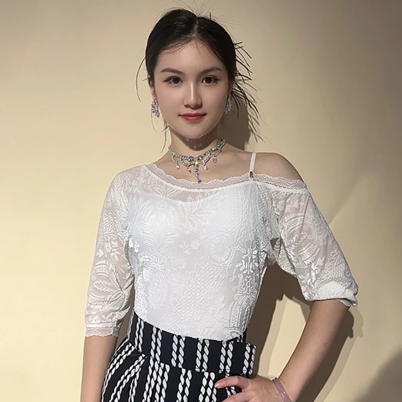 

Белые кружевные топы для бальных танцев, женские комбинезоны с наклонными плечами для взрослых, одежда для латинских танцев, тренировочная одежда, топ для вальса BL15999